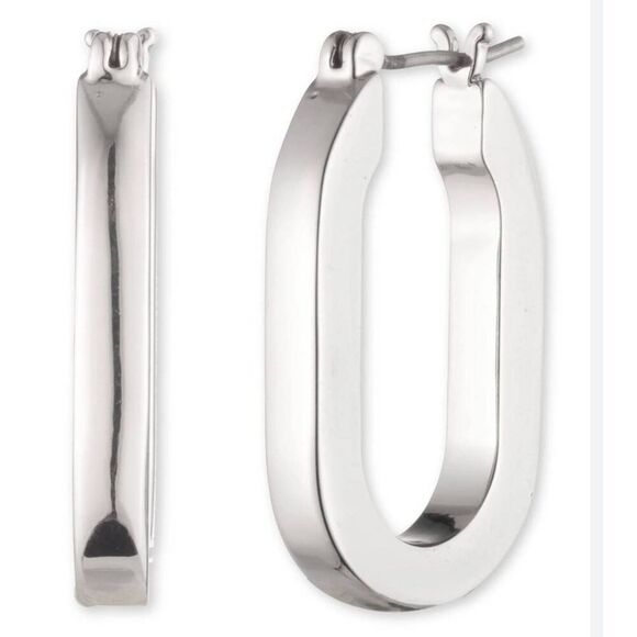 NWT~KARL LAGERFELD Classic High Polished Silver Oval Hoop Earrings - Picture 3 of 5
